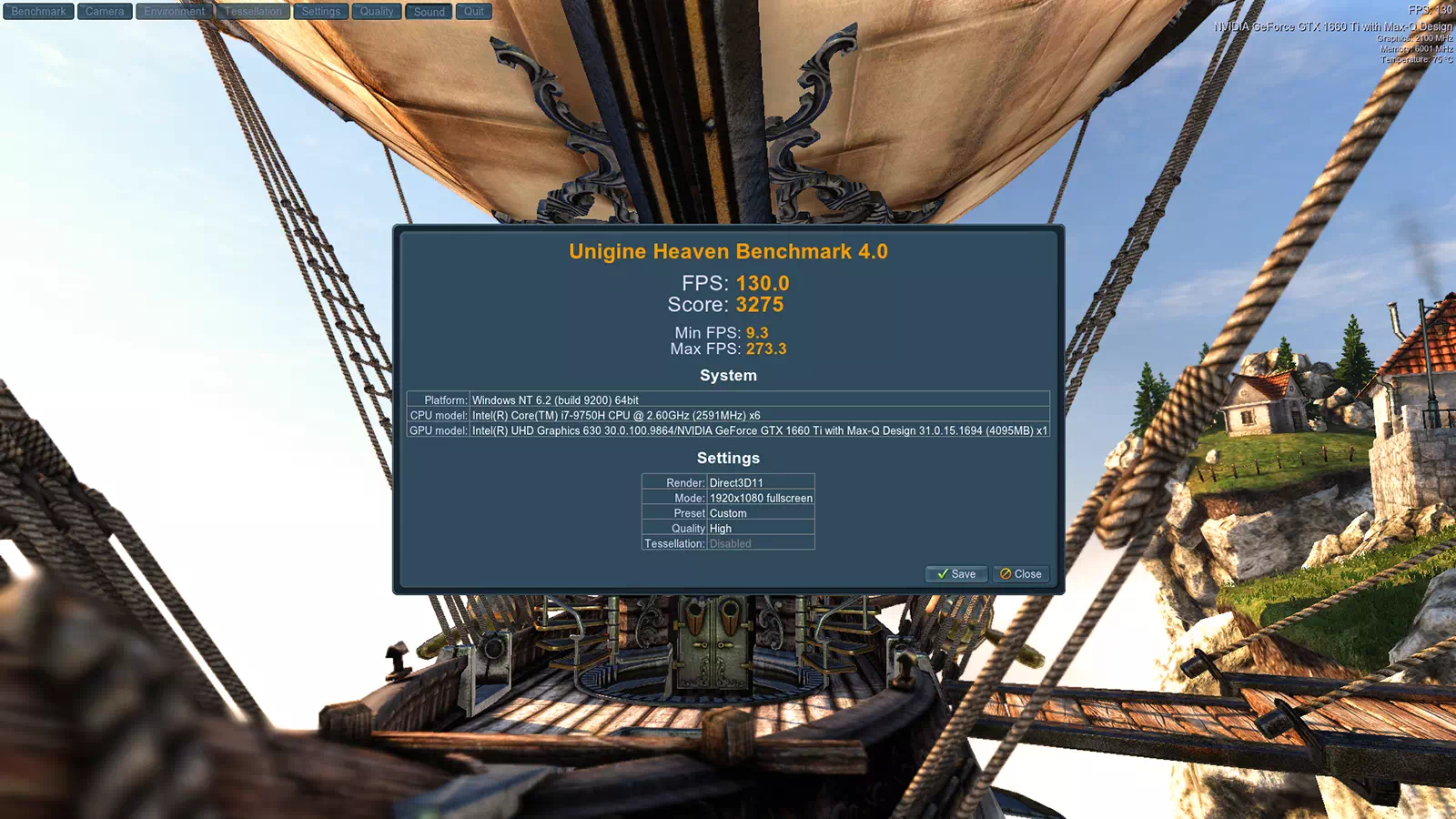 результаты DELL G3 3590 в Unigine Heaven Benchmark 4.0 результаты ноутбука DELL G3 3590 в Unigine Heaven Benchmark 4.0