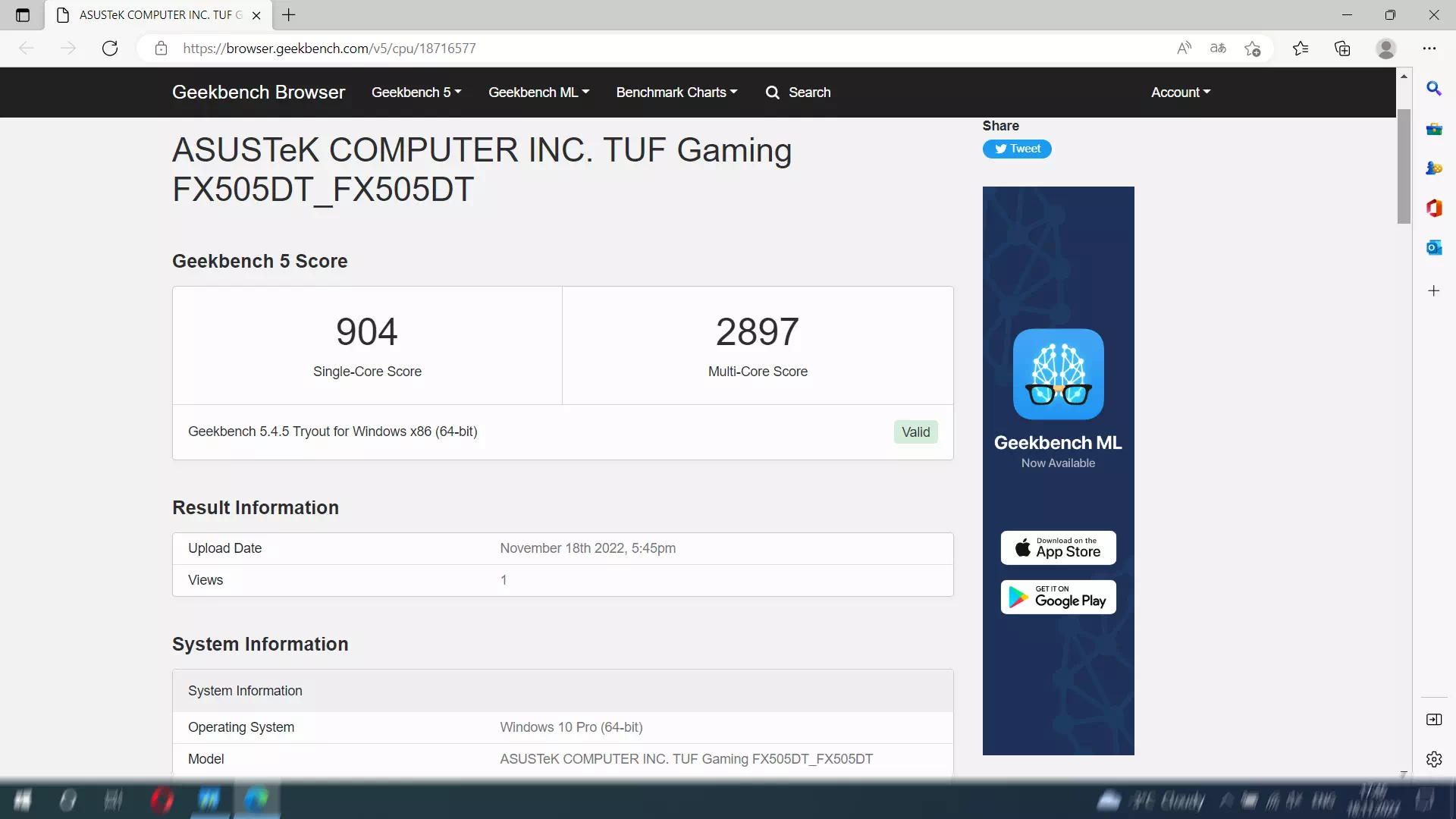 результаты Asus TUF Gaming FX505DT в Geekbench 5 результаты Asus TUF Gaming FX505DT в Geekbench 5