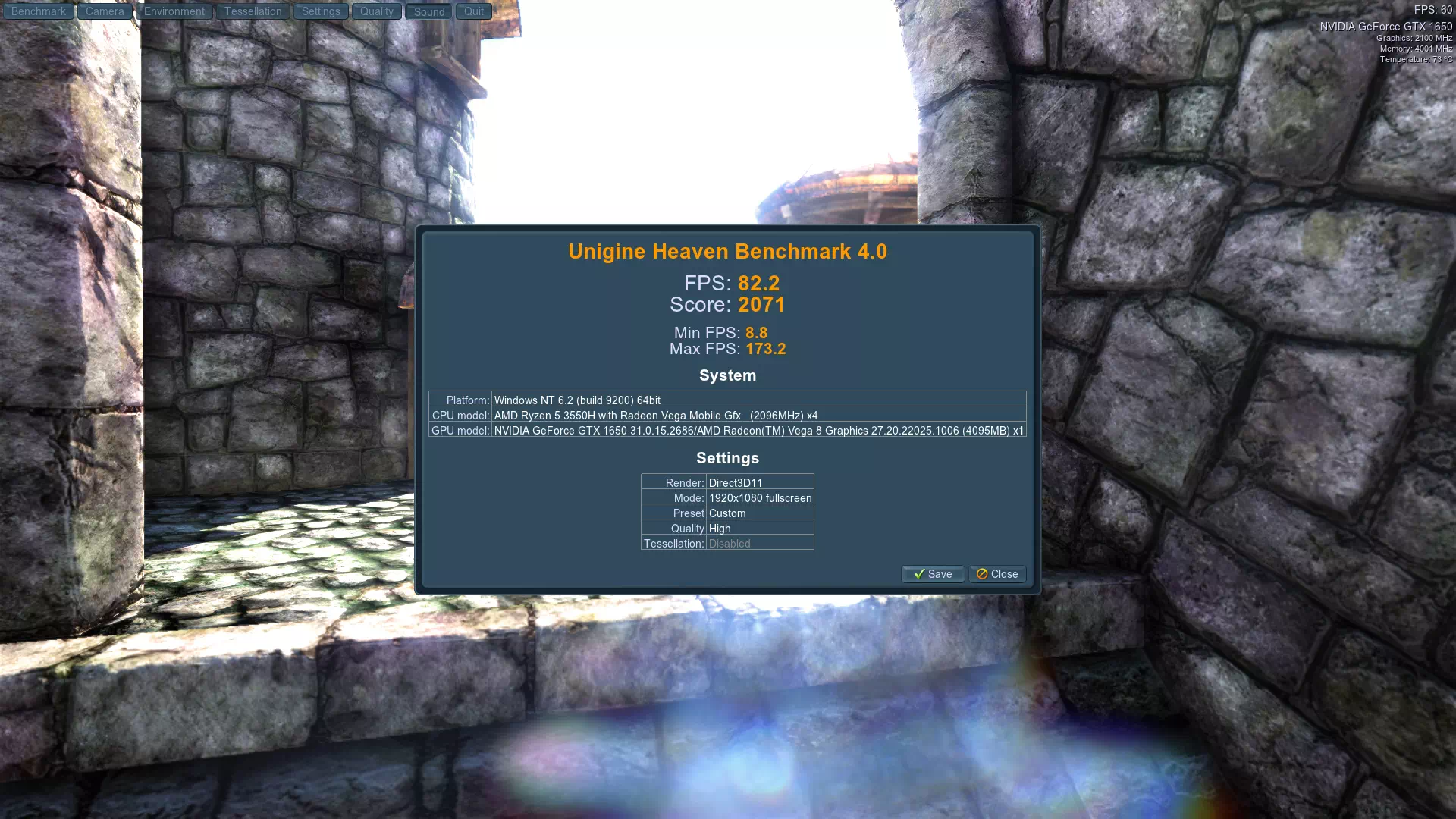 результаты Asus TUF Gaming FX505DT в Unigine Heaven Benchmark 4.0 результаты ноутбука Asus TUF Gaming FX505DT в Unigine Heaven Benchmark 4.0