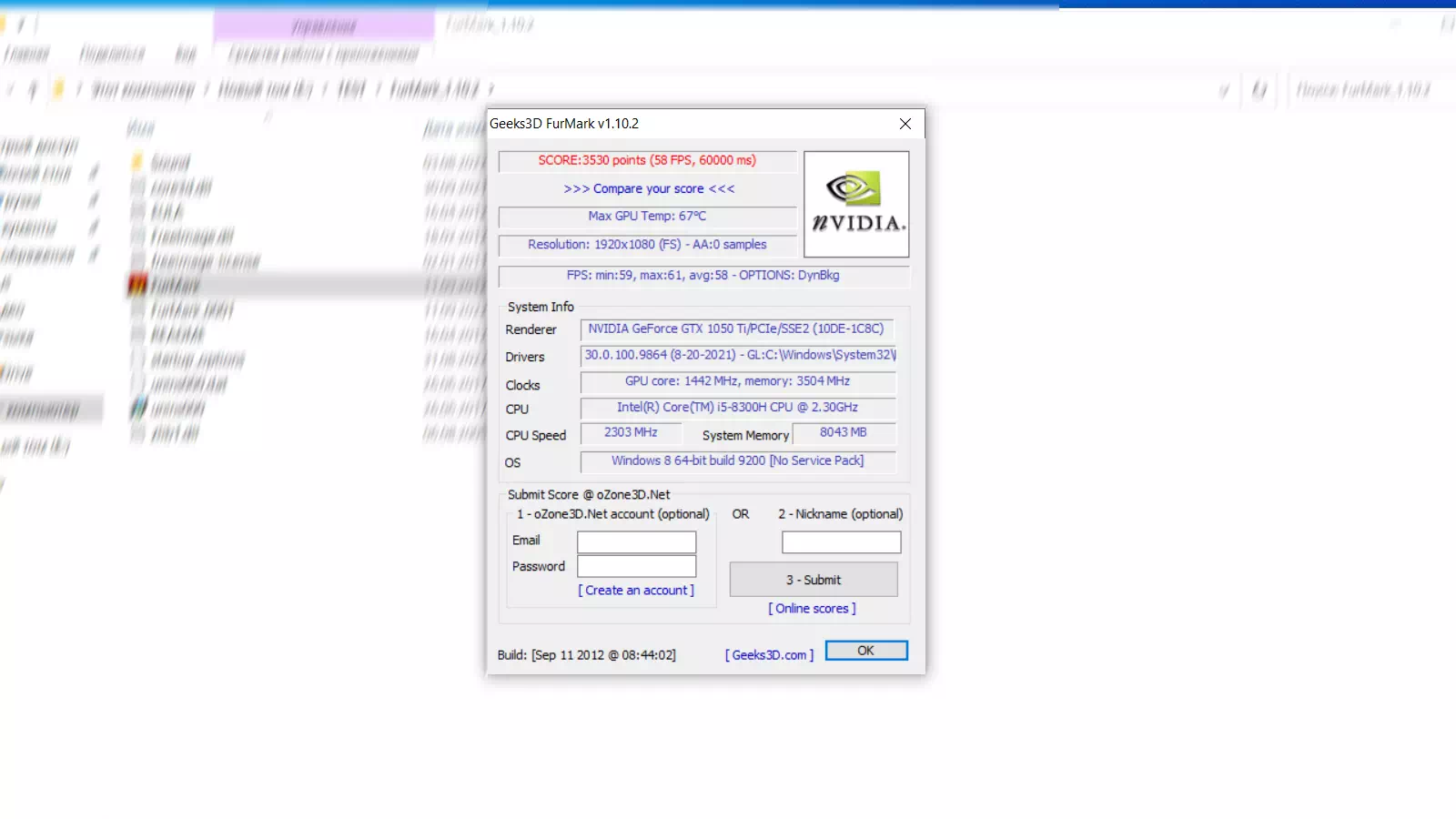 результаты NVIDIA GeForce GTX 1050 Ti в Geeks3D FurMark результаты NVIDIA GeForce GTX 1050 Ti в FurMark