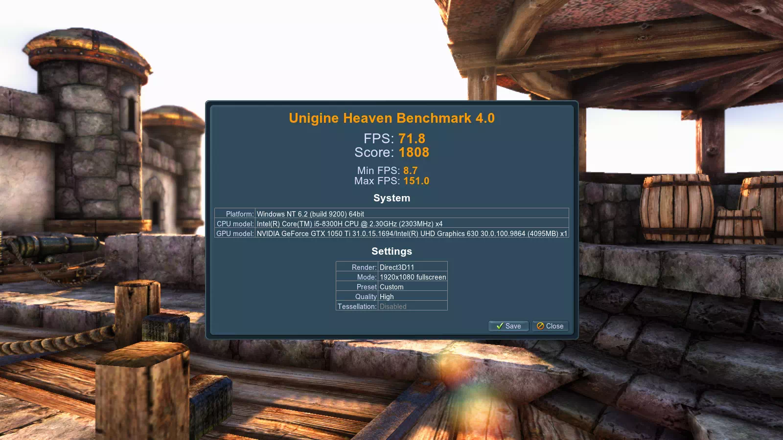 результаты ASUS TUF Gaming FX505GE в Unigine Heaven Benchmark 4.0 результаты ноутбука ASUS TUF Gaming FX505GE в Unigine Heaven Benchmark 4.0